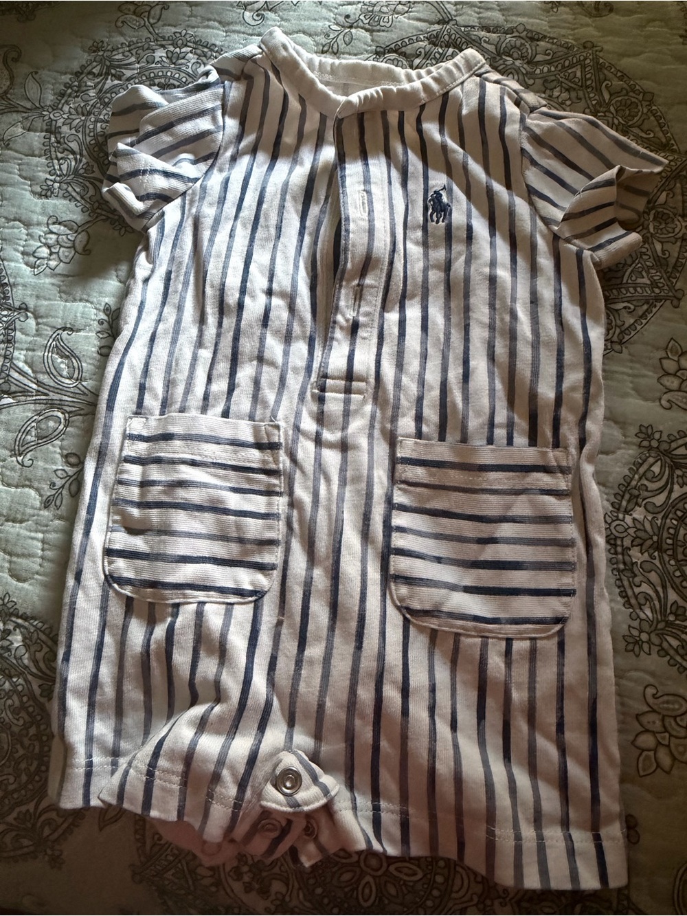 Ralph Lauren White and Navy Striped Cotton Baby Romper